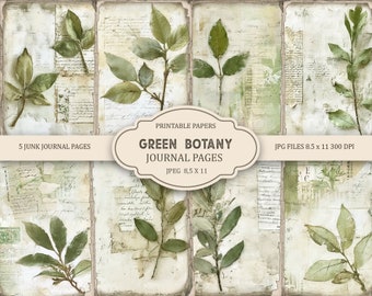 Botanical Green Junk Journal Printable Pages, Junk Journal Kit, Scrapbook printable, Printable Paper, Digital Collage, Instant Download