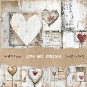 Love and Romance Printable Paper Pack, embossed paper for junk journals, Printable Pages, Distressed Page, collage sheets, 10 JPC (A-4),
