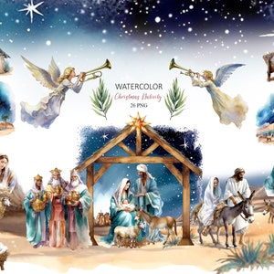 Imágenes Prediseñadas de la Natividad de Navidad, Imágenes Prediseñadas de la Escena de la Natividad de la acuarela, 26 PNG, Imágenes Prediseñadas de Jesús de Navidad, Imágenes Prediseñadas del Niño Jesús, Descargas digitales