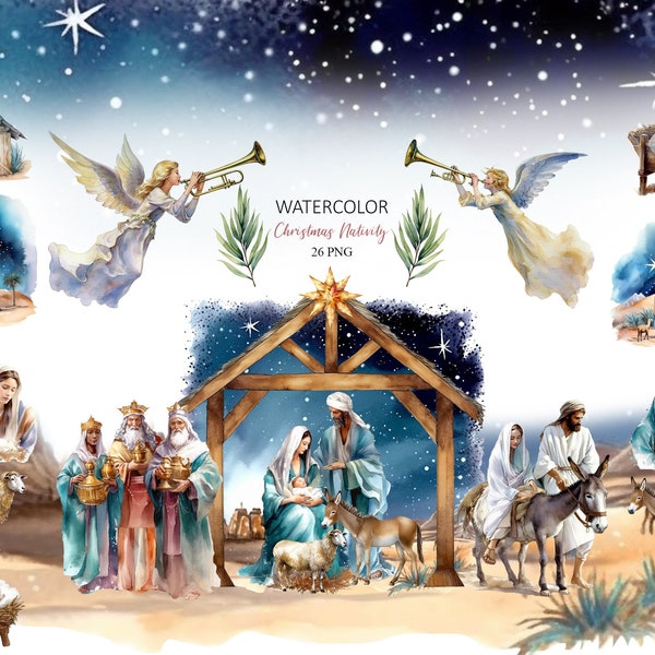 Christmas Nativity Clipart, Watercolor Nativity Scene Clipart, 26 PNG , Christmas Jesus Clipart, Baby Jesus Clipart, Digital downloads