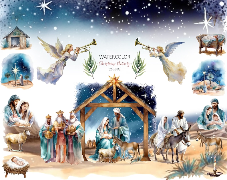 May include: Watercolor painting of the Nativity scene with a star above the stable. The scene includes Mary, Joseph, baby Jesus, the three wise men, angels, and a donkey. The painting is set against a blue night sky with stars.