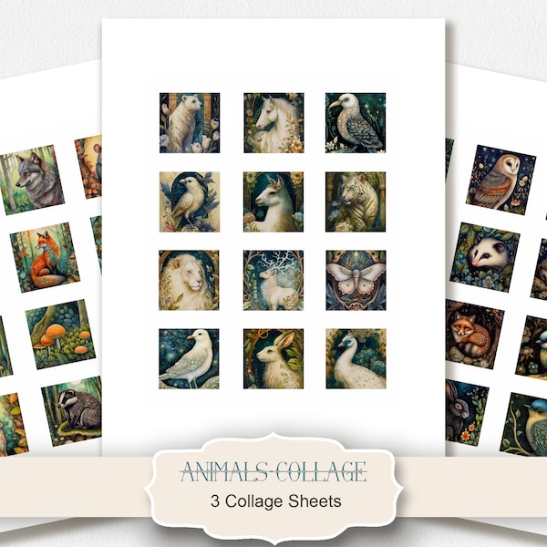 Animals Digital Collage Sheet, Square printable images Digital Collage Sheet, Scrapbooking, Instant Download, Animals printable Ephemera.