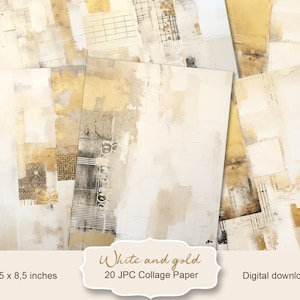 Diario della spazzatura stampabile con collage di carte neutre bianche e dorate, kit diario spazzatura, documenti di base, foglio collage, album dei ritagli, 20 JPC