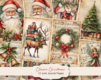 Kit de journal indésirable de Noël classique, pages de journal indésirable joyeux Noël, papier imprimable journal indésirable scène du père Noël, feuille de collage numérique