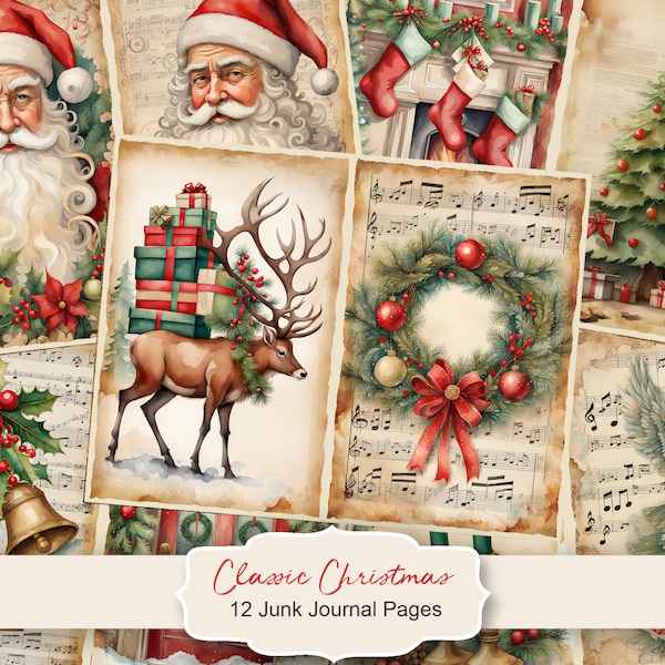 Classic Christmas Junk Journal Kit, Merry Christmas Junk Journal Pages, Santa Scene Junk Journal Printable Paper, Digital Collage Sheet