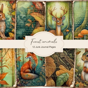 Páginas de diario basura de animales del bosque, efímeras de otoño, imprimibles para álbumes de recortes, papel imprimible, collage digital, hoja de collage digital.