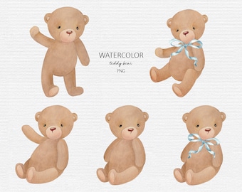 Mignon ours en peluche ensemble clipart, clipart de douche de bébé aquarelle, bébé garçon, clipart enfants, décor de crèche, art de crèche, douche de bébé PNG.