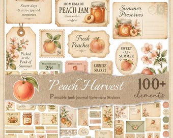 Peach Harves Stickers for Junk Journals, Printable Fussy Cuts, Digital Ephemera, Scrapbook,  JPG