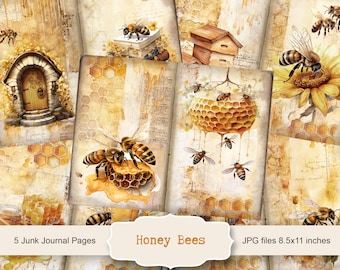 May include: A collection of five junk journal pages with a honey bee theme. The pages feature watercolor illustrations of bees, honeycombs, and a beehive. The text "Honey Bees" is displayed on a banner. The pages are 8.5x11 inches.