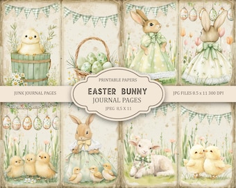 May include: Printable journal pages featuring Easter bunny, chicks, and lambs. The pages have a vintage aesthetic with pastel colors and floral accents. The text on the pages reads "Junk Journal Pages", "Printable Papers", "Easter Bunny Journal Pages", "JPEG 8.5 x 11", and "JPG Files 8.5 x 11 300 DPI".