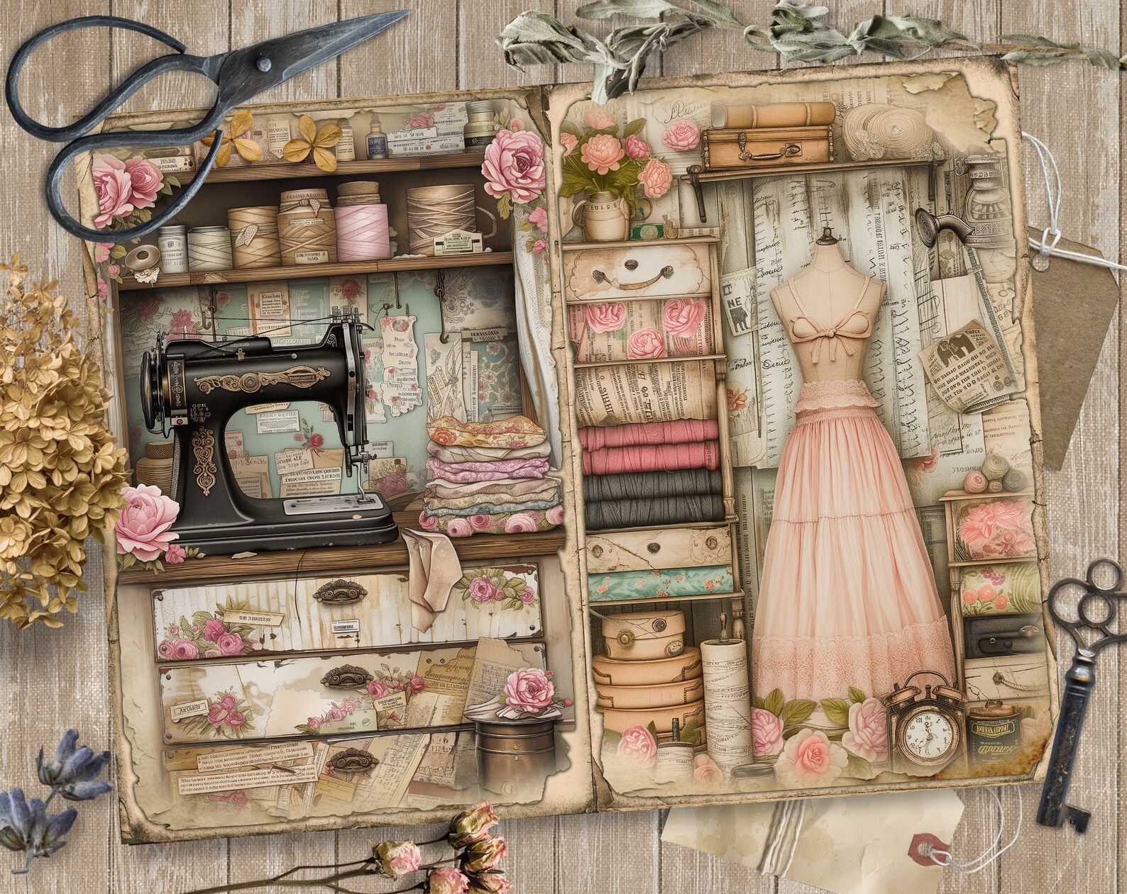 Atelier Sewing, 5 Digital Junk Journal Pages, Scrapbook Paper Kit ...