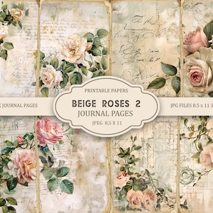 BEIGE ROSES 2 pagine di diario spazzatura, Spring Ephemera, Scrapbook stampabile, carta stampabile, Collage digitale, Pagine primaverili, Collage digitale
