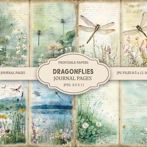 Peut inclure: Pages de journal imprimables avec des illustrations à l'aquarelle de libellules, de fleurs et de paysages sereins. Les pages ont une esthétique vintage avec des textures de papier vieilli et une écriture manuscrite. Le texte sur l'image indique "Dragonflies Journal Pages".