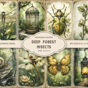 Diep bos. Insecten ongewenste dagboekpagina's, lente-ephemera, plakboek, afdrukbaar papier, digitale collage, lentepagina's, digitale collage