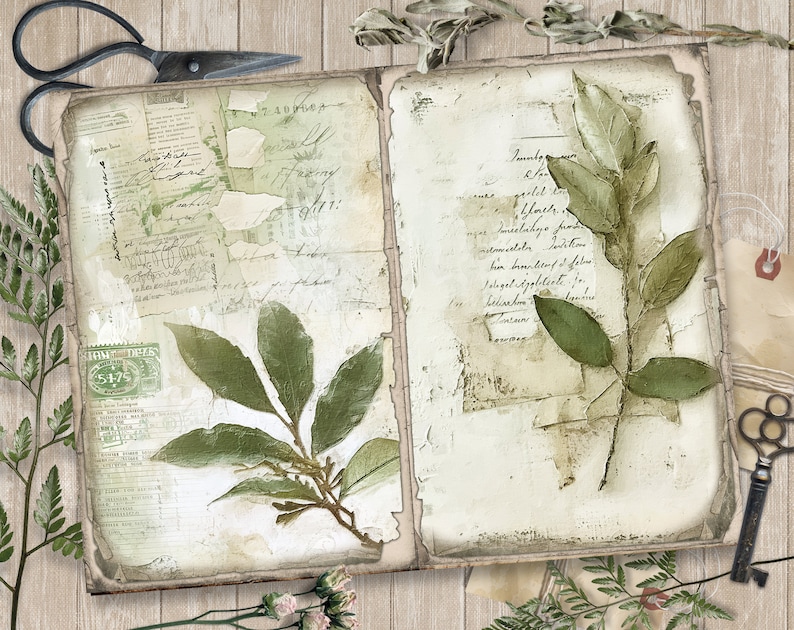 May include: An open vintage journal with pages filled with handwritten text and pressed green leaves. The journal has a worn, aged look and is surrounded by rustic elements like a pair of scissors, a key, and dried flowers.