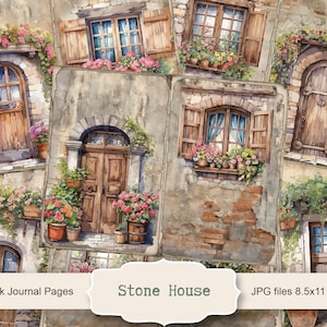 Stone House 5 digitale pagina's ongewenste dagboeken, shabby chic bloemenramen, huis digitaal papier, zomer JPG, digitaal collageblad, afdrukbaar