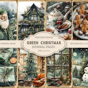 Green Christmas Junk Journal Pages, Ephemera, Scrapbook printable, Printable Paper, Digital Collage, Christmas Pages, Digital Collage
