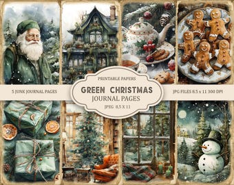 Green Christmas Junk Journal Pages, Ephemera, Scrapbook printable, Printable Paper, Digital Collage, Christmas Pages, Digital Collage