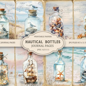 Pode incluir: Cinco páginas de diário imprimíveis com ilustrações de aquarela de garrafas de vidro cheias de objetos náuticos. As garrafas contêm conchas marinhas, uma bússola, um navio, uma estrela do mar e gaivotas. As páginas medem 8,5 polegadas por 11 polegadas e 300 DPI.