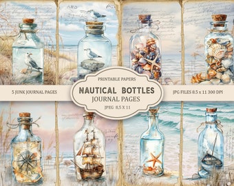 May include: Five printable junk journal pages featuring watercolor illustrations of glass bottles filled with nautical objects. The bottles contain seashells, a compass, a ship, a starfish, and seagulls. The pages are 8.5 inches by 11 inches and 300 DPI.