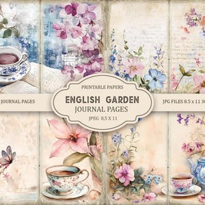 Pagine di diario del tè del giardino inglese, effimeri primaverili, stampabili sul tè, carta stampabile, collage digitale, pagine sul tè, collage digitale