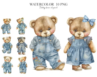 Watercolor Teddy bear clipart, 10 PNG, Baby shower clipart, Baby Boy, Kids clip art, Nursery decor, Animal Clipart, Baby shower PNG