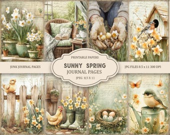 May include: A watercolour collage with spring themes. It features daffodils, a birdhouse with a bird, a chicken, a nest with eggs, and a person holding flowers. Text reads "Sunny Spring Journal Pages." The paper size is 8.5 x 11 inches.
