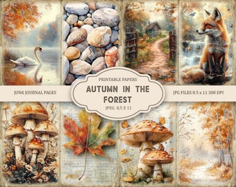 May include: A collection of printable papers with an autumn forest theme. The images include a swan on a lake, a pile of rocks, a path leading to a cabin, a fox, mushrooms, a maple leaf, and a forest scene. The text reads "Autumn in the Forest" and "Junk Journal Pages".