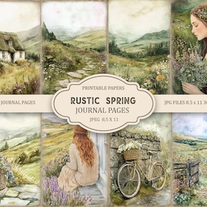 Op de afbeelding: Een verzameling bedrukbare journaalpagina's met een rustiek lentethema. De pagina's bevatten aquarel illustraties van landschappen, huisjes en figuren. De tekst op de afbeelding luidt "Junk Journal Pages" en "Rustic Spring Journal Pages". De pagina's zijn 21,6 x 27,9 cm groot.