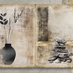 May include: A vintage-style, open book with a black vase of stylized flowers on the left page and a stack of gray stones on the right page. The background is a textured, beige and brown paper with handwritten text.