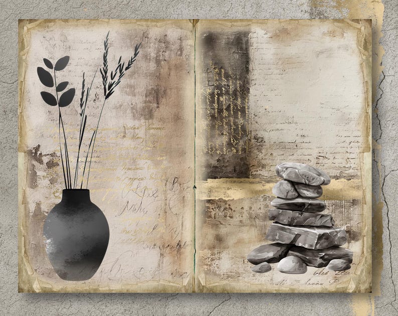 May include: A vintage-style, open book with a black vase of stylized flowers on the left page and a stack of gray stones on the right page. The background is a textured, beige and brown paper with handwritten text.