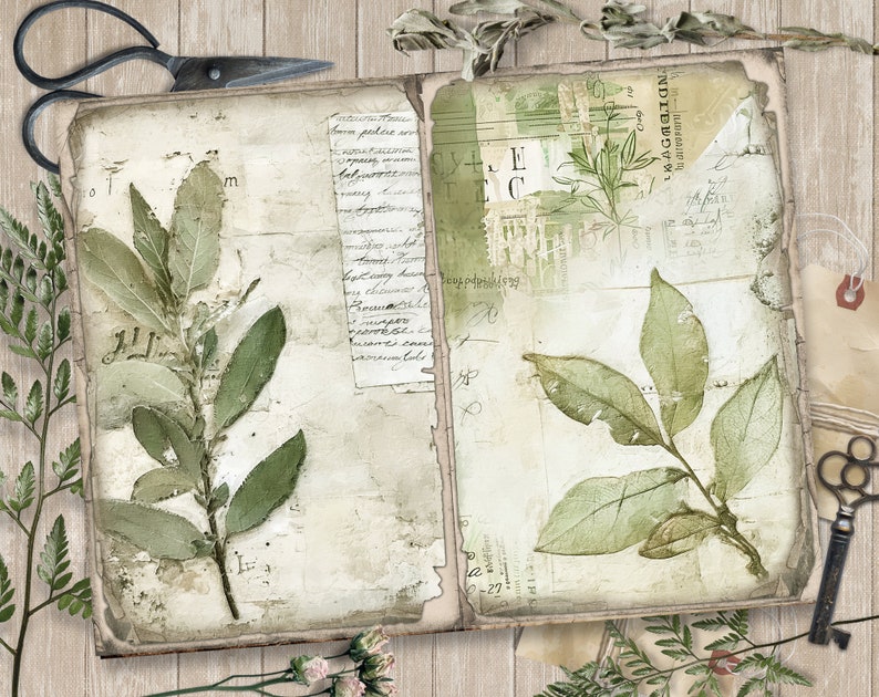 May include: Two pages from a vintage journal with a pressed leaf design. The pages are aged and have a distressed look. The left page has handwritten text and the right page has a handwritten note and a pressed leaf.