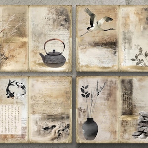 May include: A set of four square canvas prints with a vintage, distressed look. Each print features a different image, including a crane in flight, a teapot, a vase with flowers, and a stack of stones. The prints are all in shades of brown, beige, and black.