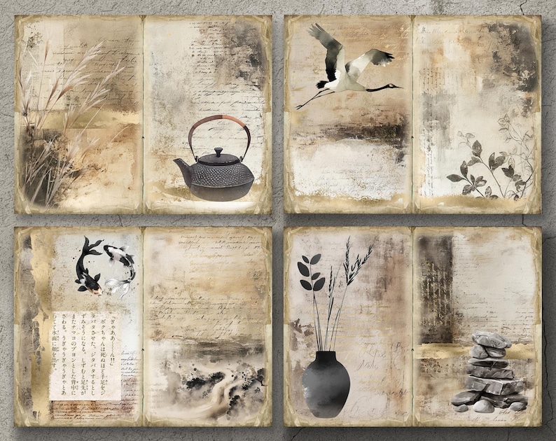 May include: A set of four square canvas prints with a vintage, distressed look. Each print features a different image, including a crane in flight, a teapot, a vase with flowers, and a stack of stones. The prints are all in shades of brown, beige, and black.