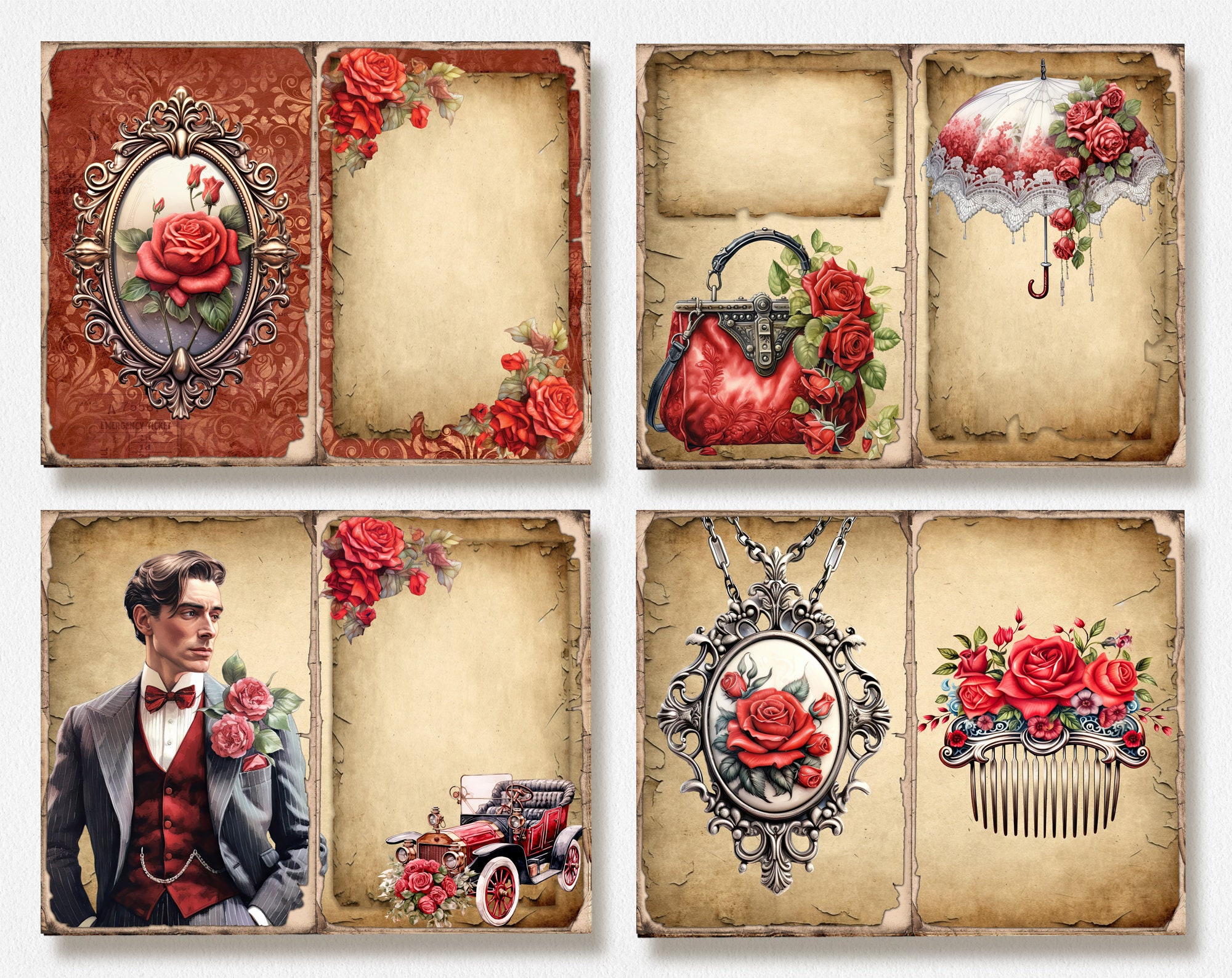 Red Roses 2 Vintage Junk Journal Kit, Vintage Digital Paper for ...