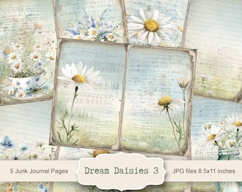 Dream Daisies-3 Journal Kit, 5 Digital Junk Journal Pages, Flowers Junk Journal Kit, Junk Journal Paper Collage Sheet, Instant Download