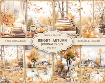 May include: Five printable journal pages featuring watercolor illustrations of autumn scenes. The pages include a window with a lamp and books, a window with a teapot and a cup of coffee, a window with a stack of books, a window with a cat and pumpkins, and a window with a house and pumpkins.