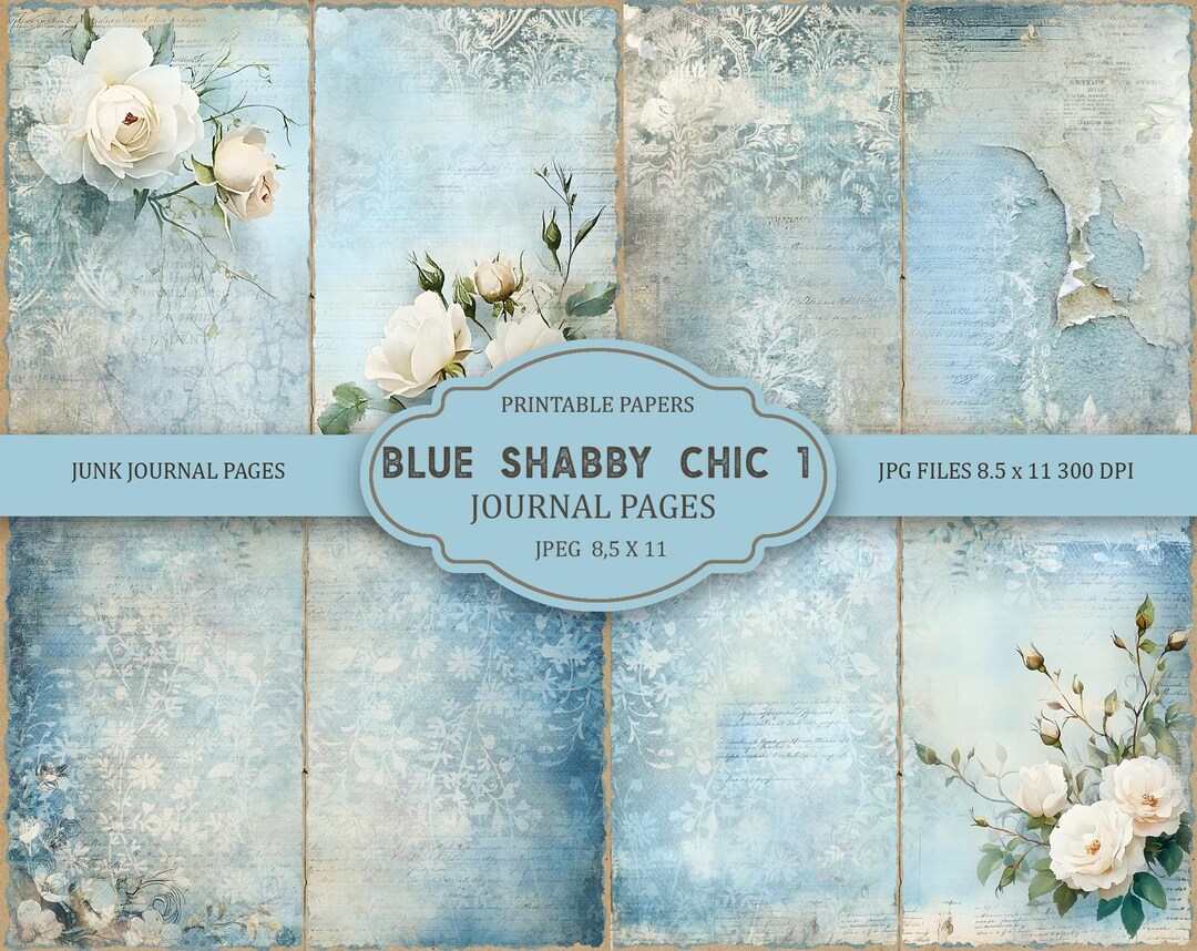 Blue Shabby Chic Junk Journal Kit: Printable Scrapbook Pages (JPG ...