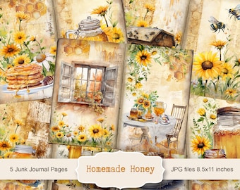 Homemade Honey Junk Journal 5 Pages, Vintage Bee Junk Journal Kit, Junk Journal Paper, Digital Collage Sheet, Instant Download