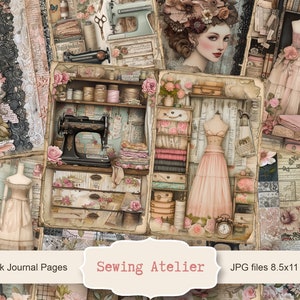 Atelier naaien, 5 digitale ongewenste dagboekpagina's, plakboekkit, afdrukbaar naaister, kantcollageblad, naaimachine kortstondig