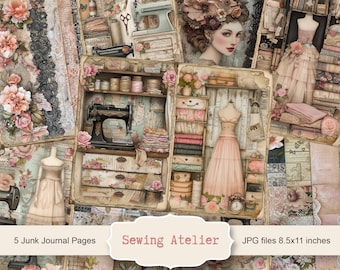 Atelier Naaien 5 Digitale Junk Journal Pagina's, Scrapbook Paper Kit, Naaister Printable, Lace Collage Sheet, Naaimachine Ephemera