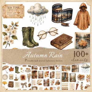 May include: A collection of printable junk journal ephemera stickers titled Autumn Rain, featuring illustrations of a tea ticket, a rain cloud, film strip, hooded cloak, flowers, green boots, glasses, a book, and autumn leaves.