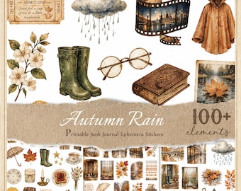 Autumn Rain Stickers for Junk Journals, Printable Fussy Cuts, Digital Ephemera, Scrapbook,  JPG