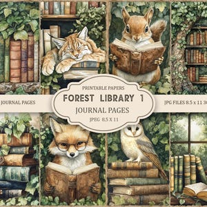 May include: A collection of watercolour illustrations with a forest library theme. The images depict a sleeping cat, a squirrel, a fox, and an owl, each reading books. The text "FOREST LIBRARY 1" and "JUNK JOURNAL PAGES" is visible.