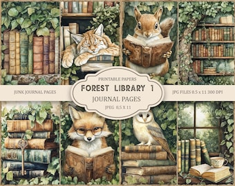 Op de afbeelding: Een collage van aquarel illustraties met een bosbibliotheek thema. De afbeeldingen tonen een slapende kat, een eekhoorn, een vos en een uil, allemaal boeken lezend. De tekst "FOREST LIBRARY 1" en "JUNK JOURNAL PAGES" is zichtbaar.
