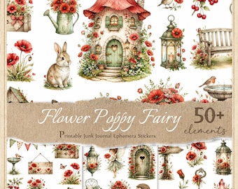 Poppy Fairy Stickers for Junk Journals, Printable Fussy Cuts, Digital Ephemera, Scrapbook,  JPG