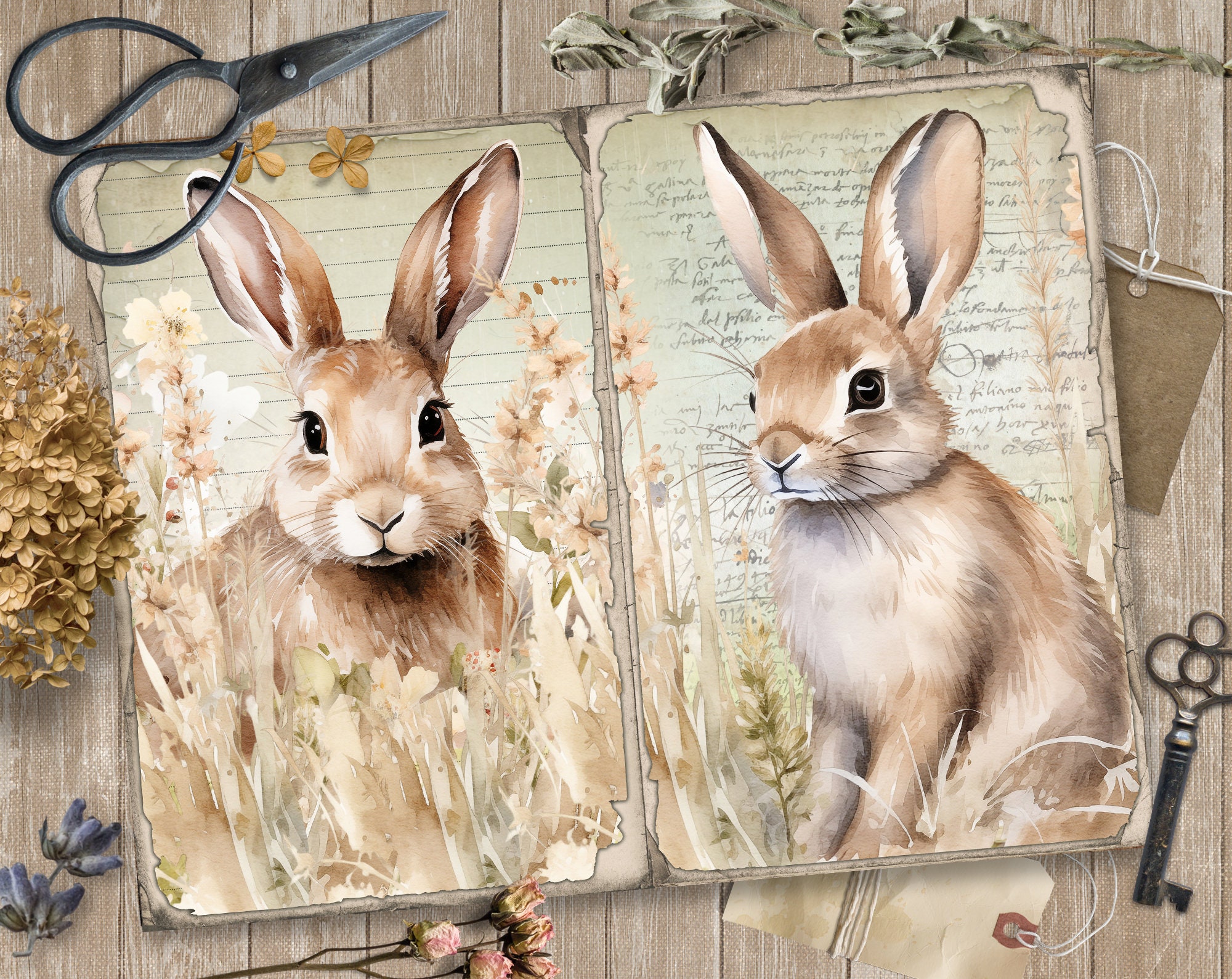 Spring Bunnies 5 Junk Journal Digital Pages, Easter Paper Scrapbooking ...