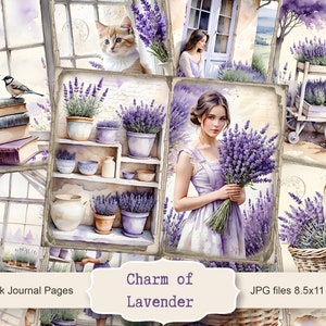 Charm of Lavender Junk Journal Pages, lente-ephemera, plakboek afdrukbaar, afdrukbaar papier, digitale collage, lentepagina's, digitale collage