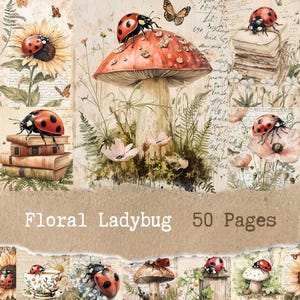 Puede incluir: Un collage vintage con mariquitas, setas, flores y mariposas. La imagen tiene un efecto de papel rasgado. El texto "Floral Ladybug 50 Pages" se muestra en una pancarta de papel rasgado. Las mariquitas son rojas con puntos negros.