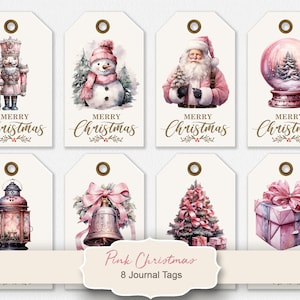 Tag del diario di Natale rosa, tag stampabili di Babbo Natale, Natale vintage, forniture per diari di Natale, tag regalo, download digitale